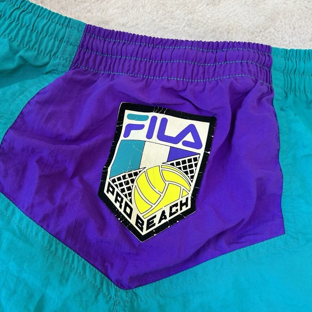 VINTAGE Fila Swim Trunks Mens XL Green Purple 80s Beach Volleyball USA Made READ